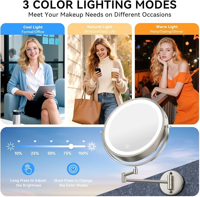 Auxmir 9″ 5000mAh 1X/30X Wall Mounted Lighted Magnifying Makeup Mirror | Power Adapter&2 Tweezers Included/ 3 Dimmable Colors/ Dual Sided Button Control/ Rechargeable/ 360° Rotation Extended Arm