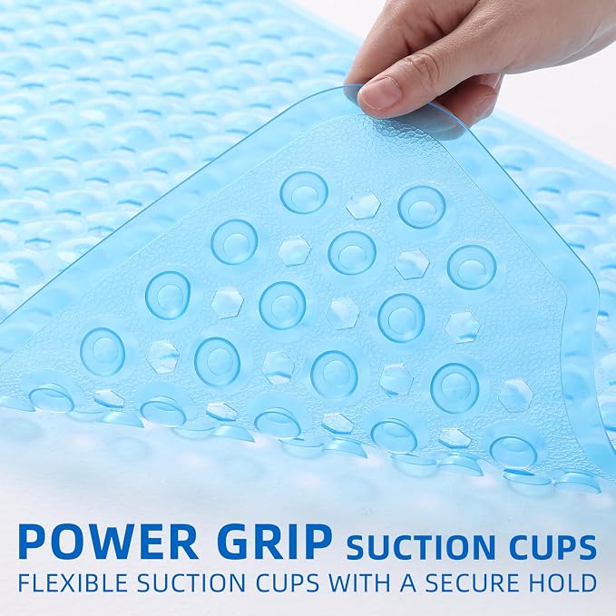 MOONFLY Shower and Bathtub Mat, 40x16 Inches, Clear Blue | Extra Long Non Slip Mats with Suction Cups,Drain Holes, Machine Washable ,Anti Slip Bathmats, Bathroom Mats for Tub Nonslip