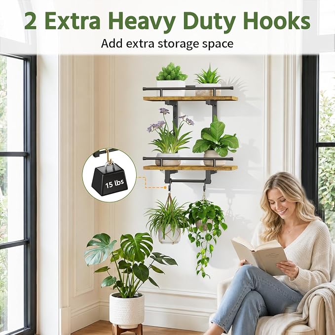 LASZOLA Floating Plant Shelves Holder Wall Mounted Indoor, 1 Pack Plant Hangers Stand with 2 Hooks, Metal and Wood Flower Hanging Display for Bedroom Living Room Kitchen Office Bathroom Decor, Brown