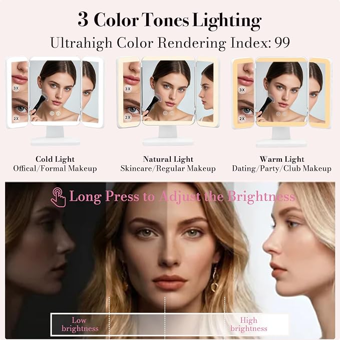 SIMETRA 15.6'' Rechargeable Makeup Mirror with Lights, 156 LED Magnification Vanity Mirror with 3 Colors Lights, 3000mAh Lighted Mirror, Touch Control Trifold Mirror for Women Travel Desk