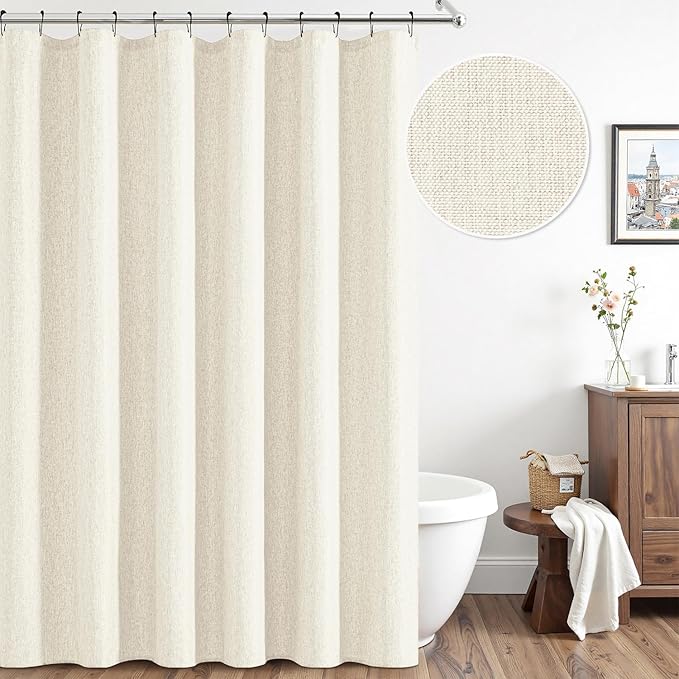 ANRODUO Ivory Linen Textured Fabric Shower Curtain Set - W72xL72 | Farmhouse Shower Curtain with 12 Metal Hooks, Waterproof Heavy Duty, Button Hole Design, Machine Washable for Bathroom