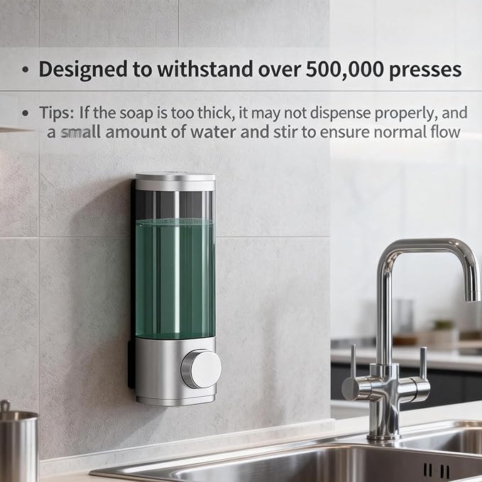 10oz/300ml Single Manual Wall Mounted Soap Dispenser, Silver | Bathroom Shampoo and Conditioner Dispenser, Clear Plastic Refillable Liquid Lotion Pump Dispenser and Organizer