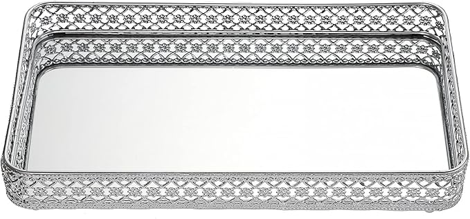ELLDOO Silver Mirror Glass Perfume & Makeup Vanity Tray, Large Size | Hollow-Carved Jewelry Storage, Metal Trinket Organizer for Dresser Bathroom Countertop Home Decor