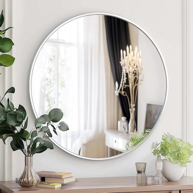 White Round Mirror, White Round Mirror 24 inch, Circle Wall Mirrors Metal Frame, Circular Mirrors for Bathroom, Wall, Living Room, Entryway, Hallway, Vanity, Rustic
