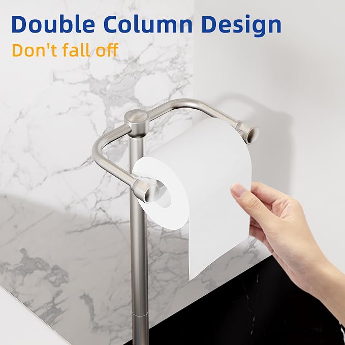 RUACQ Bathroom Toilet Paper Holder Stand, Brushed Nickel | Dual-Post Pivoting Free Standing Toilet Roll Holder with Weighted Base, Anti-drop Design 304 Stainless Steel Tissue Stand