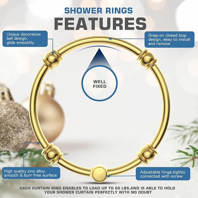 Gold Shower Curtain Hooks, Rust Proof Metal Decorative Shower Rings for Bathroom, Glide Smoothly on Shower Curtain Rod, 12 Pcs Zinc Alloy