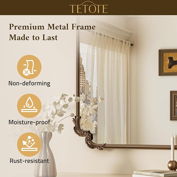 Vintage Antique Gold Rectangle Mirror for Mantle Fireplace 60 x 30 Traditional Baroque Ornate Scroll Wall Mirror with Metal Frame for Living Room Bedroom, Horizontal/Vertical