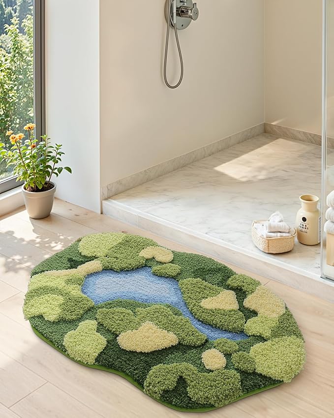 DEXI Cute Moss Bath Mat, Green Oval Bathroom Rugs, 43x24 | Soft and Absorbent Microfiber, Non Slip, Machine Washable Bathmat for Shower Floor, Bedroom, Kids Room, Home Decor