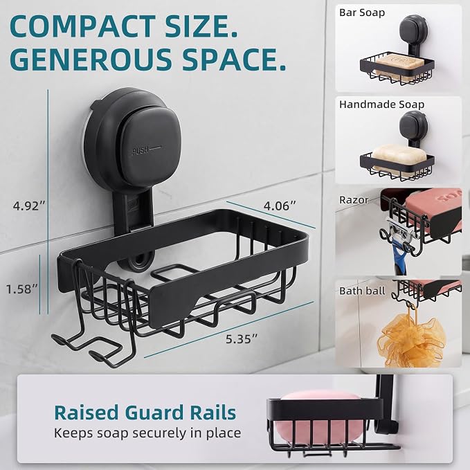 TAILI Soap Dish for Shower, Bar Soap Holder,Suction Visible Indicator,Black | Soap Holder Shower, Soap Bar Holder for Shower Wall, Removable Bathroom Sponge Holder, One-Press Plastic Soap Dish