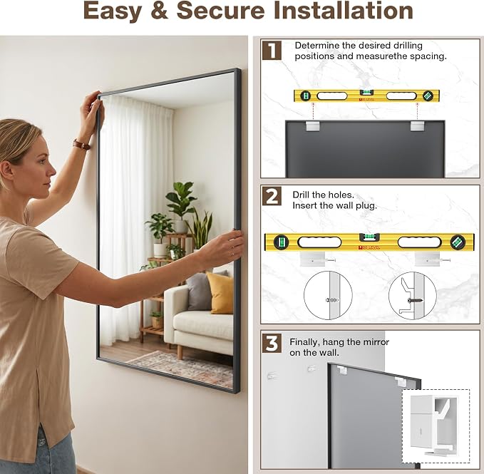 24"x36" Matte Black Rectangle Vanity Bathroom Mirror, Set of 2 | Aluminum Alloy Frame, Clear Reflection, Rust-Resistant, Vertical or Horizontal, Wall Mount, Bedroom and Entryway