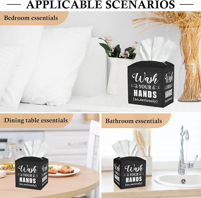 Bathroom Tissue Box Covers Square - Wash Your Hands, Leather Tissue Box Holders Decorative for Home Bathroom Restroom Shelf, Square Facial Paper Organizer Home Decor -029