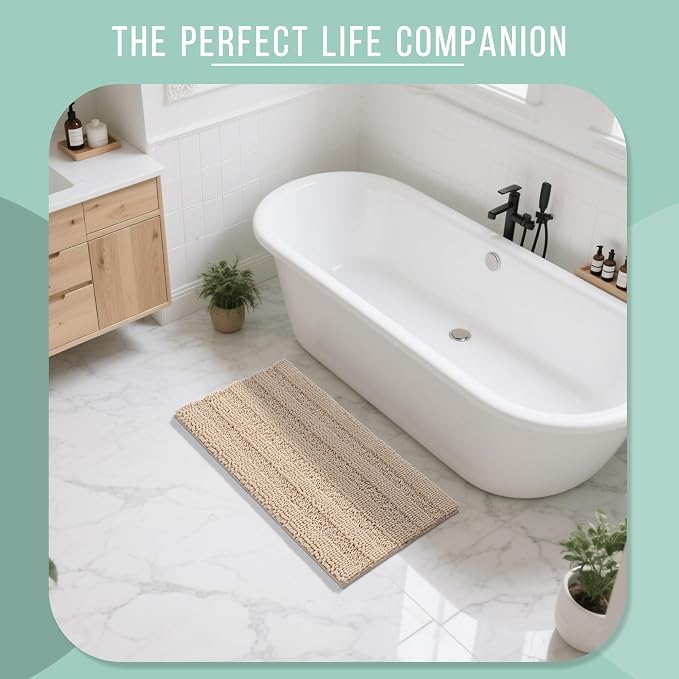 Yimobra Bathroom Rug Mat 44 x 24, Non Slip and Super Absorbent Bath Mat,Machine Washable Quick Dry,Ultra Plush Chenille Shower Rugs for Bathroom Floor Sink Tub and Shower Outside, Beige