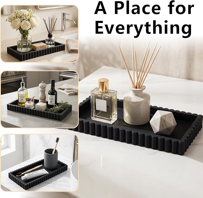 Bathroom Vanity Tray - 9.4''x3.9'' Silicone Bathroom Tray with Scalloped Edge, Counter Top Tray for Vanity Sink Countertop, Decorative Organizer for Cosmetics Jewelry, Rectangular, Black