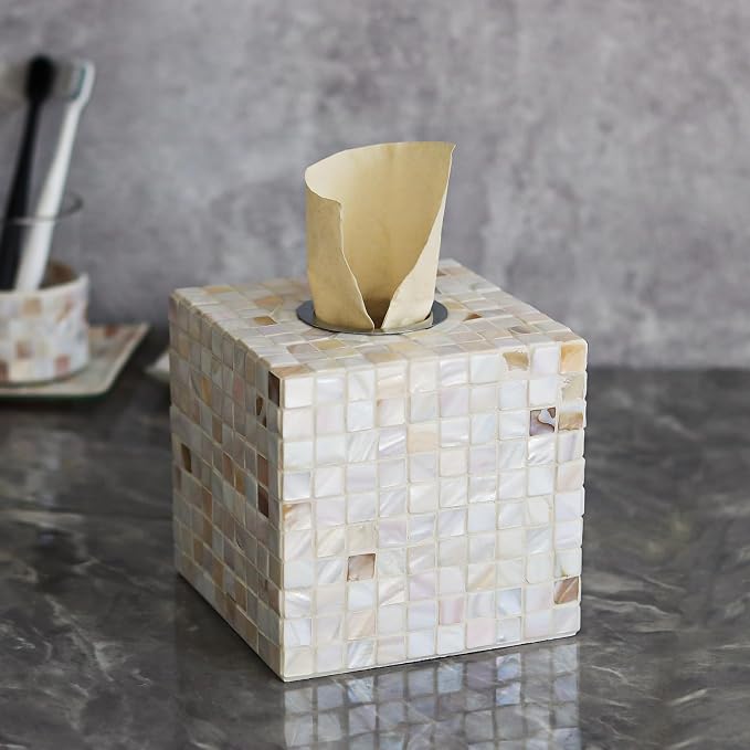 WDHODEC White Tissue Box Cover Square Decorative Tissue Box Holder Handmade Shell & Wooden Tissue Box Cube for Living Room, Dining Room, Cafe, Hotel, Office
