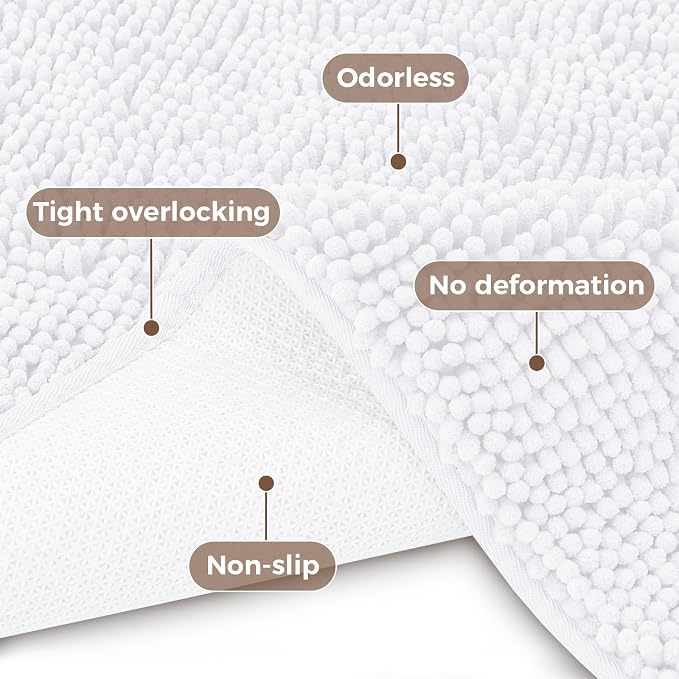 Bcoimo 48x30 Chenille Bath Mat – Non-Slip with Backing Bath Rug Ultra-Absorbent and Machine Washable Bathroom Mat Quick-Dry Design. Ideal for Bathroom Shower and Tub Areas