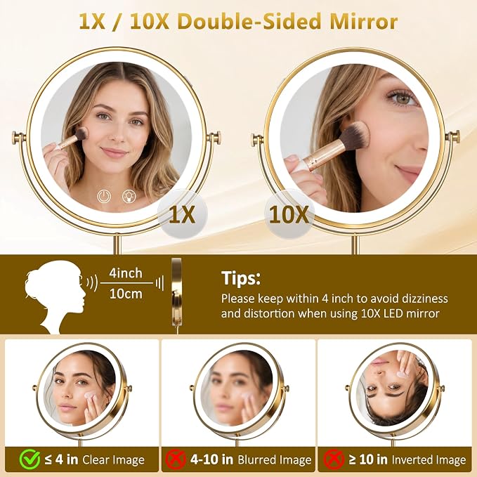 8" Makeup Mirror with Lights,4000mAh RechargeableVanity Mirror,1X/10X Double Sided Magnifying Mirror withAdjustable Height, 3 Colors Stepless Dimming Lighted MakeupMirror,Women Gift,Gold