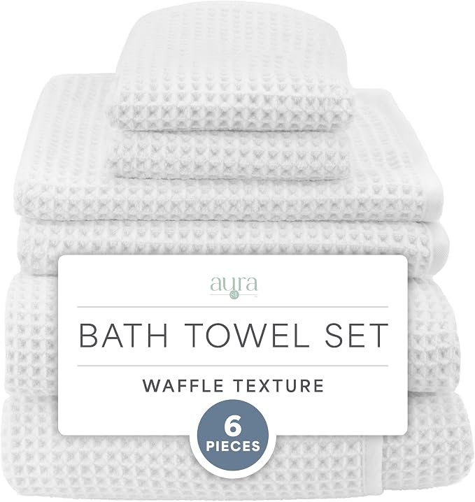 S&T INC. Aura Waffle Bath Towel Set, 6 Pieces, White | 2 Bath Towels, 2 Hand Towels, 2 Wash Cloths, Absorbent Microfiber, Quick-Dry and Lightweight, 420GSM