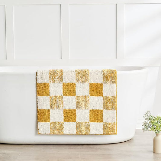 CozeCube Harvest Gold Checkered Bath Mat 36"x24" Non Slip Washable Rug | For Bathroom Non Slip, Fluffy Absorbent Microfiber Bath Mats Machine Wash, Stylish Large Aesthetic Bathroom Rugs