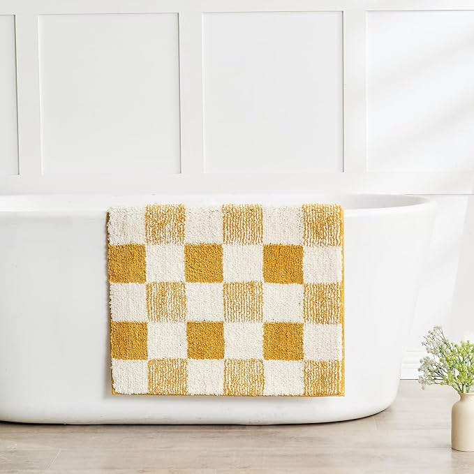 CozeCube Harvest Gold Checkered Bath Mat 47"x24" Non Slip Washable Rug | For Bathroom Non Slip, Fluffy Absorbent Microfiber Bath Mats Machine Wash, Stylish Long Aesthetic Bathroom Rugs