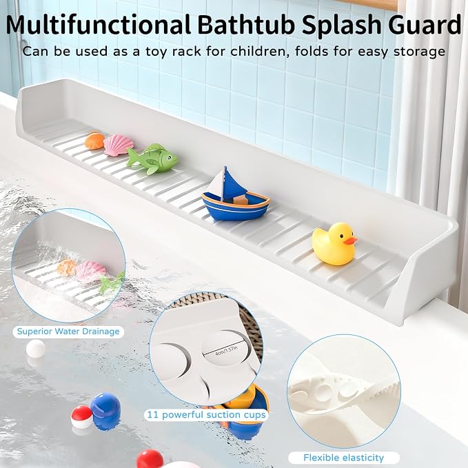 Splash Guard for Bathtub, 31-Inch Silicone Tub Toy Tray for Kids | Bathtub Splash Guard for Kids, Tub Edge Guard with Toy Holder Shelf to Help Reduce Spills and Keep Floors Dry
