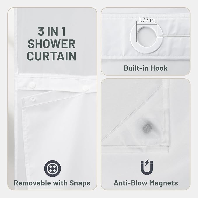 No Hook Floral Shower Curtain with Liner, Blue Beige, 71x86 | Snap in Liner, 3 in 1, Water Repellent, Easy Install, Machine Washable, Hotel Style for Bathroom, Watercolor Pattern