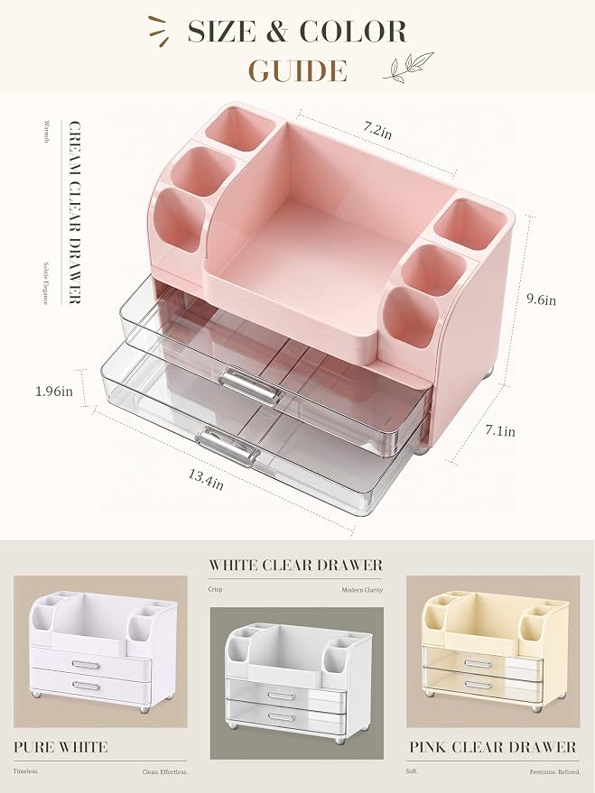 Large Makeup Organizer Countertop for Vanity Skincare Organizers | Waterproof Perfumes Organizers with 2 Drawers and Brushes Holders, Cosmetic Storage for Lipsticks,Eyeshadow Palettes, Pink