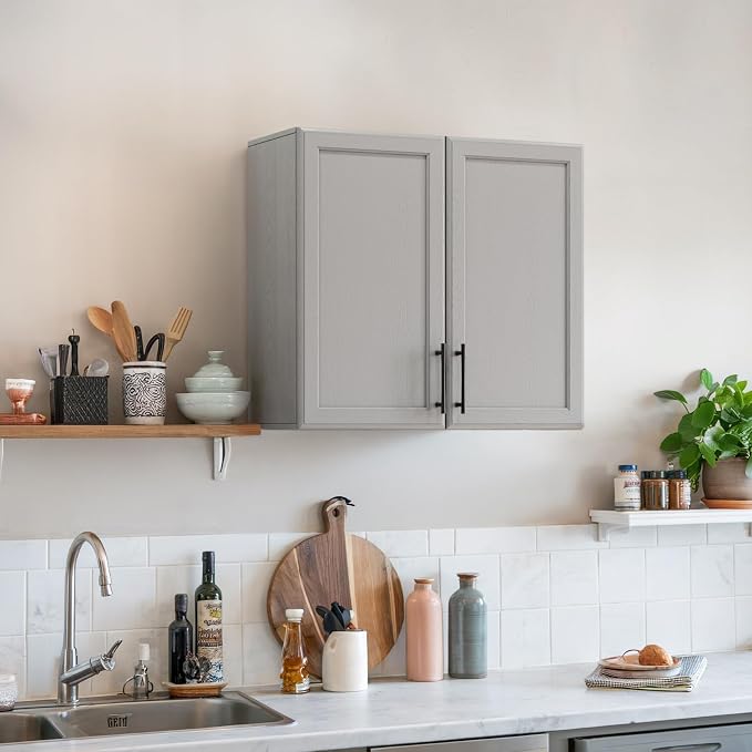FIMELLO 12" D x 24" W x 22" H Kitchen Cabinet Wall Cabinets, Laundry Room Cabinets, Wall Mounted Bathroom Cabinet, Medicine Cabinet for Laundry Kitchen Garage, Ash Grey, Set of 2