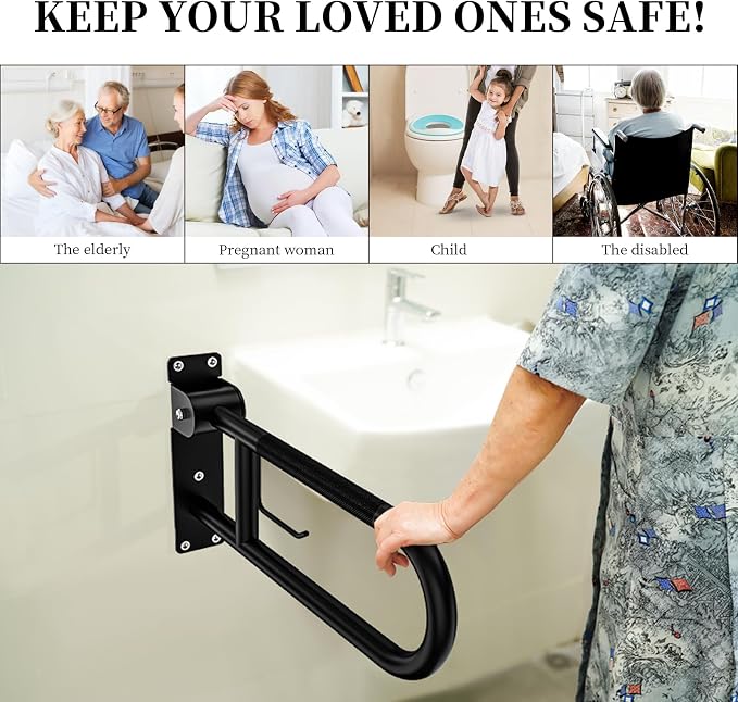 Toilet Grab Bar 24 Inch, YuanDe Flip Up Grab Bar with Paper Holder | Matte Black Anti-Slip Safety Bars for Toilet, Stainless Steel Knurled Toilet Handles for Seniors Disabled Elderly Pregnant