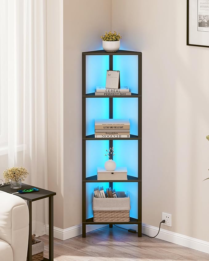 TUTOTAK Corner Shelf with LED Light, 5-Tier Corner Bookshelf | for Small Space, Narrow Display Corner Shelf Stand with Storage Rack, for Living Room, Bedroom, Black BS05BK005L