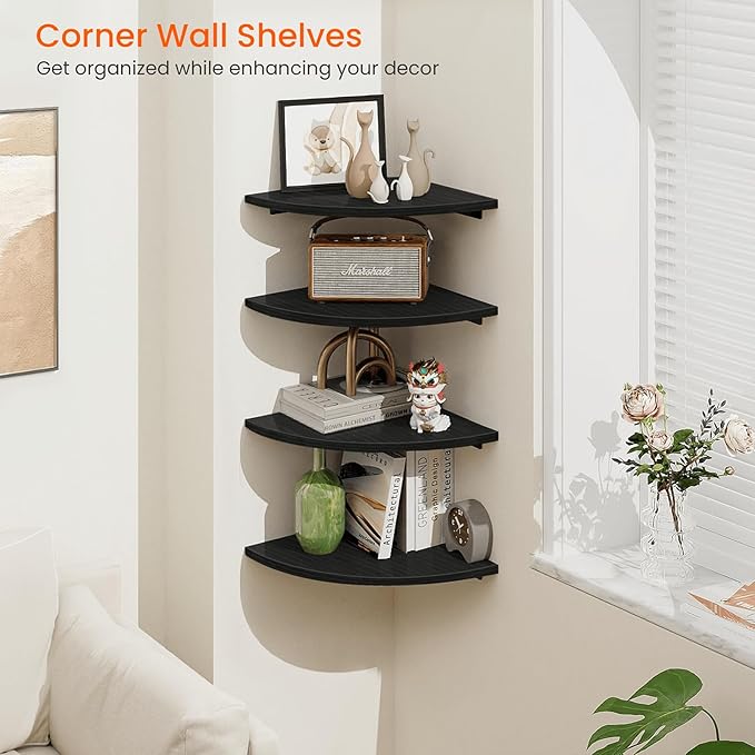 Corner Shelf Wall Mount, 4 Tier Rounded Corner Floating Shelves, 12 Inch Deep Hanging Corner Shelf Storage, Wood Corner Wall Shelving for Living Room Bedroom Bathroom Kitchen, Black