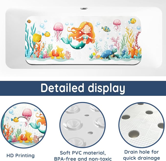 LNOND Bath Mat for Tub for Kids, Toddler Bathtub mat Non Slip, Sea Mermaids Kids Bath Mats for Bathroom Non Slip with Drain Holes and Suction Cups,Machine Washable (40 X 16 Inch)