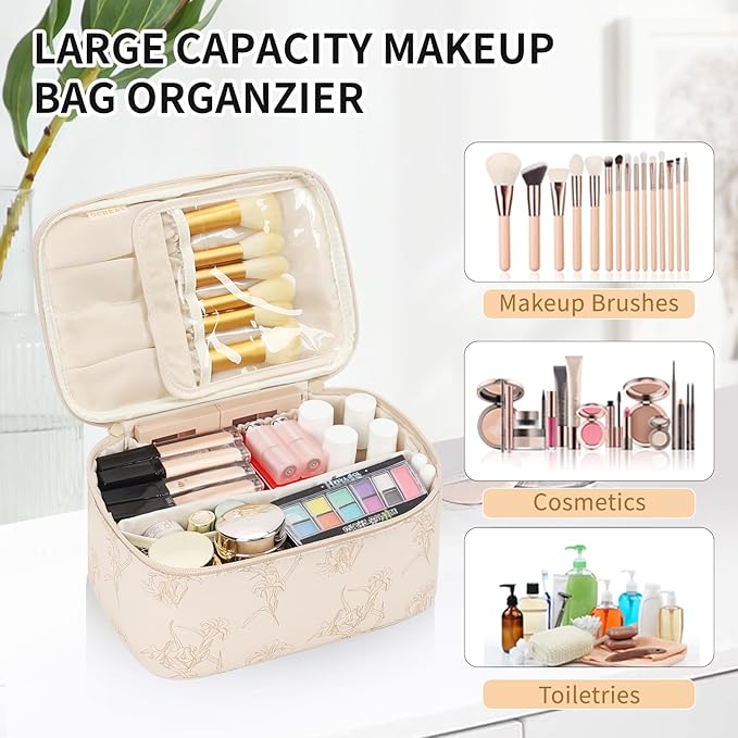 Makeup Bag for Women - Travel Cosmetic Organizer with Brush Slot & Divider, Large Capacity Toiletry Bag for Girls, Travel Makeup Case for everyday Make up Accessories -Beige floral