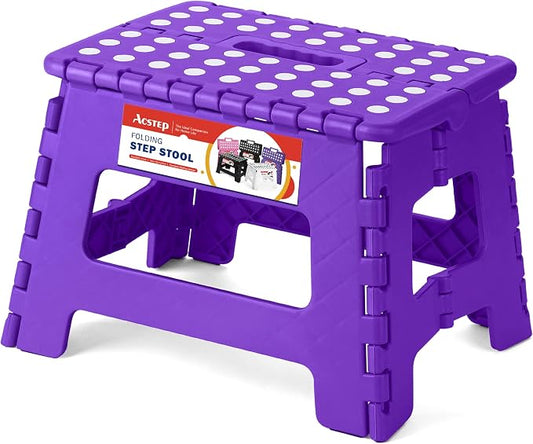 Folding Step Stool 9 Inch, Non-Slip Foldable Stools for Kids, Purple | Heavy Duty Collapsible Foot Stool, Lightweight, Holds 300lb for Toddler/Adults Kitchen Bathroom Bedroom Outdoor, with Handle