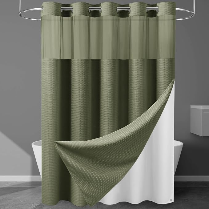 Heavyweight Waffle No Hook Shower Curtain with Liner, 71x74, Sage Green | Snap in Liner, 256GSM, Thick, Hotel Luxury Spa, Waterproof Fabric, Corner Magnets, 3 in 1 Set, Washable, Hang in Seconds