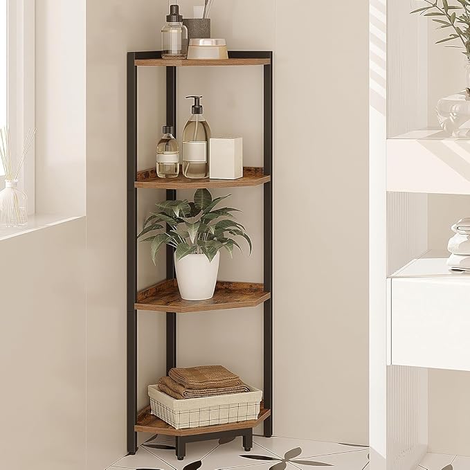 Hzuaneri Corner Shelf Stand 4-Tier Corner Bookshelf Storage Standing Shelf | Bookcase Plant Stand with Metal Frame for Living Room, Home Office, Bedroom, Black CS05801B