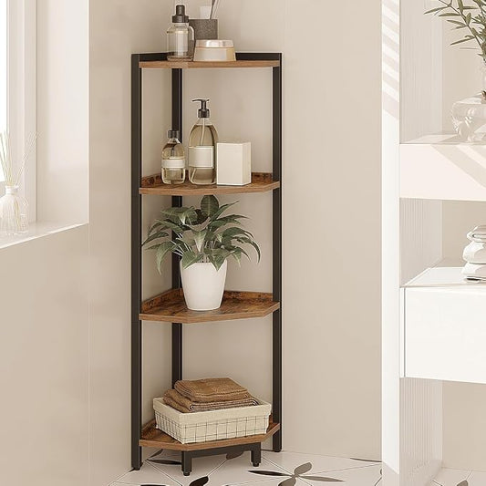 Hzuaneri Corner Shelf Stand 4-Tier Corner Bookshelf Storage Standing Shelf | Bookcase Plant Stand with Metal Frame for Living Room, Home Office, Bedroom, Black CS05801B