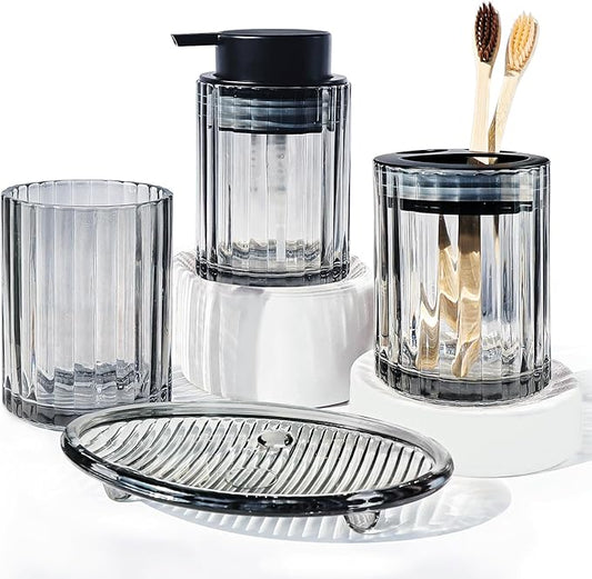 CERBIOR Bathroom Accessories Set, 4 PCS Glass Bathroom Set,Black Grey | Includes Soap Dispenser, Toothbrush Holder, Toothbrush Cup, Soap Dish for Decorative Countertop and Housewarming Gift