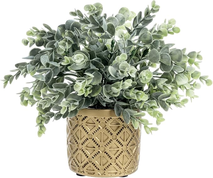 MyGift Artificial Eucalyptus Boxwood Plant Gold Concrete Geometric Pot | Modern Embossed Round Planter, Realistic Foliage, Indoor Botanical Accent for Desk, Shelf, Table & Entryway Décor