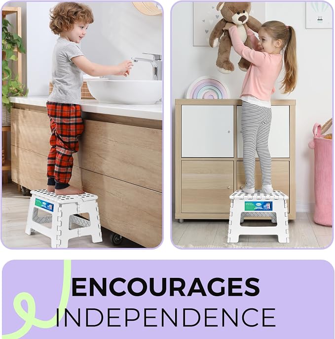 Dyforce Kids Step Stool 9 Inch, 300lbs Folding Step Stool for Toddler | Step stool White,Anti-slip Heavy Duty with Handle, Lightweight Foldable Foot Stool for Bathroom Kitchen Bedroom Outdoor