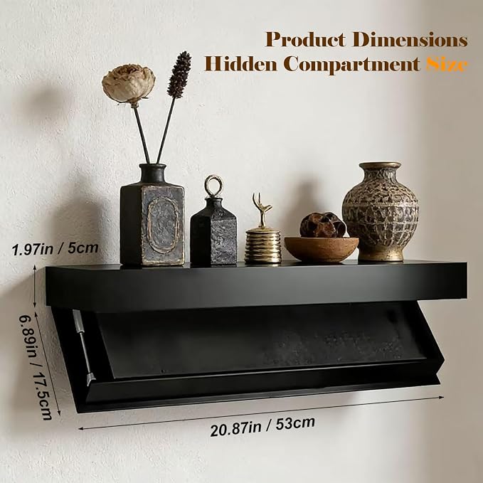 Floating Hidden Shelves for Wall with Concealed Storage Drawer, Hidden Shelf Night Stand with Secret Compartment, for Home Office Living Room, Black