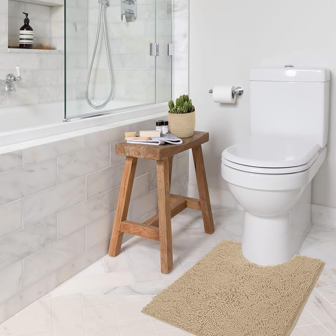 LuxUrux Birch Bath Mat - U-Shaped Contoured Rug for Around Toilet, Super Absorbent Shaggy Bath Rug. Easy Machine Wash & Dry (20" x 23", Birch)