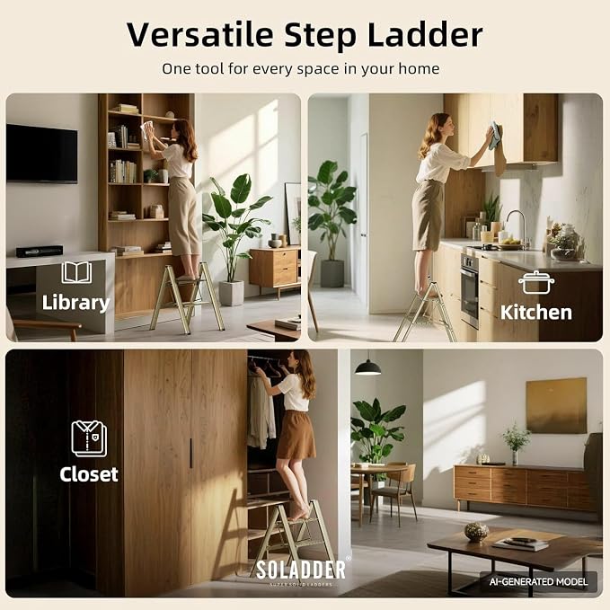 2 Step Ladder, Folding Step Stool, Brown Gold | Wide Anti-Slip Steps and a Foldable, Space-Saving Design for Adults to Use in Kitchens, Closets, Library,300 lbs