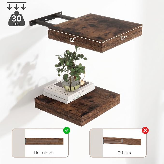 Deep Floating Shelves for Wall, 12 Inch Wide Small Wall Shelves Set of 2, 2 Inch Thick Invisible Wall Mounted Shelves for Bathroom Bedroom Nursery,Rustic Brown