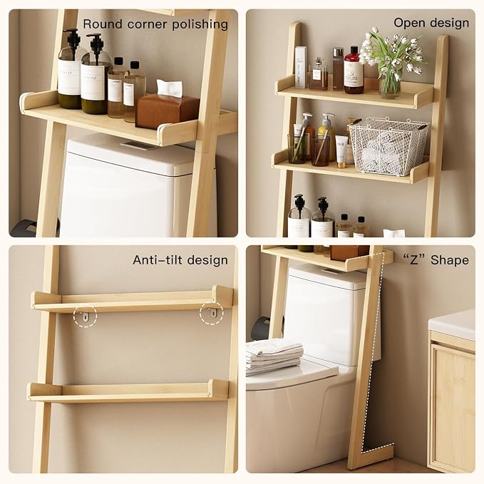 Solid Bamboo Over the Toilet Storage, 3-Tier Freestanding Toilet Shelf | Solid bamboo over toilet bathroom organizer, anti-slip base for stability, space-saving storage for bathroom and balcony