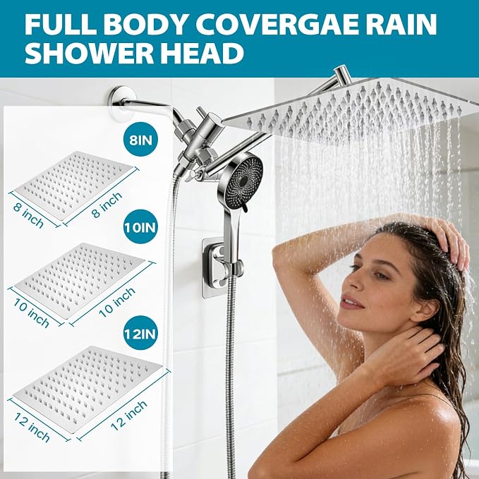 Shower Head, Rain Shower Head with Handheld Spray Combo, 12Inch Adjustable High Pressure Rainfall Shower Head, Dual Showerhead Set with Extension Arm