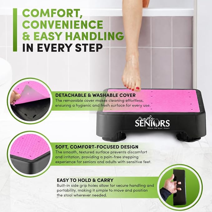 Simply Seniors Small Step Stools for Adults - Pink Stepping Stool Platform | Bed Steps for High Beds for Adults - Heavy Duty Mobility Aid for Seniors & Kids - Plastic Device for Kitchen Bathroom Toilet