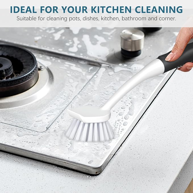 SetSail Dish Brush Set of 3 with Bottle Brush, Dish Scrub Brush with Long Handle Deep Cleaning Handle Brush with Scraper Tip for Kitchen Sink Dishes Bottle Cup Pot and Pans Tile Lines, Black | Built-In Scraper Tip, Non-Slip Rubber Handle, Pet Stiff Bri...