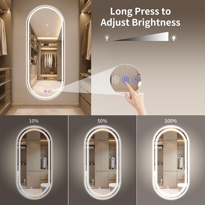 Oval LED Bathroom Mirror, 26"x 65" Led Full Length Mirror | Frameless Large LED Mirror with Front Light & Backlit, Anti-Fog, Dimmable Wall Mounted Lighted Mirror, Smart Bathroom Mirror