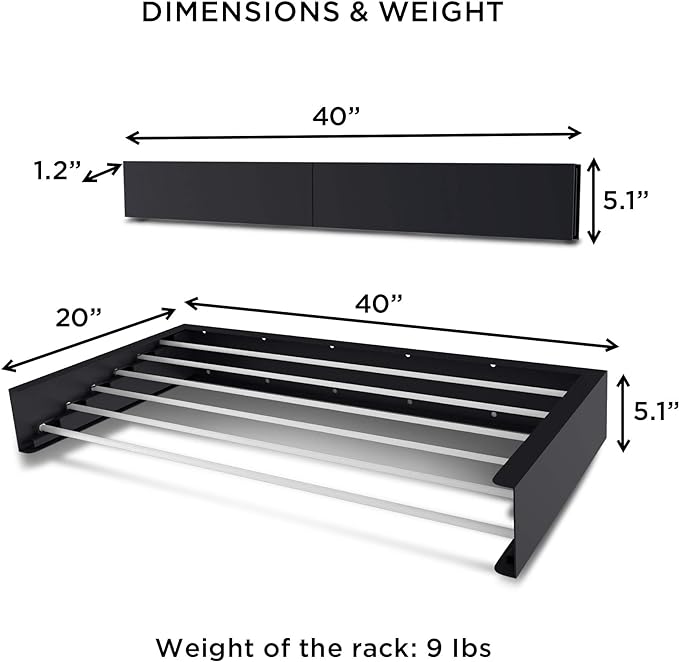 Step Up Laundry Drying Rack (40-INCH Industrial Gray), Wall Mounted, Retractable Clothes Drying Rack, 60lbs Capacity, 20 Linear Ft, with Wall Template and Long Screwdriver Bit