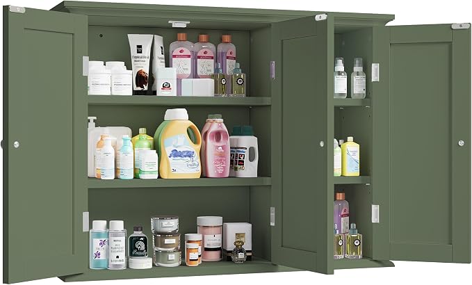 ChooChoo Laundry Cabinet with 3 Doors and Adjustable Shelves | 9.06"D x 31.1"W x 24"H, Bathroom Wall Cabinet, Cupboard, Green